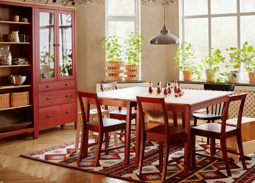 IKEA red dining table and chairs 