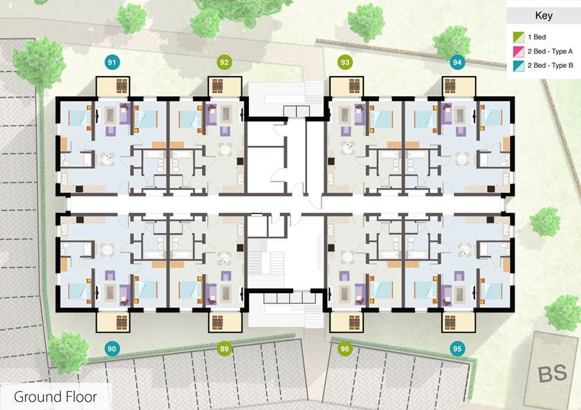 Ground floor plan of block 4 at BoKlok on the Lake