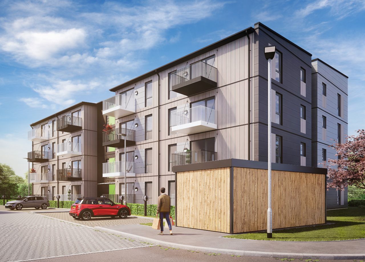 Exterior illustration showing apartment building with grey facade in BoKlok on the Lake.