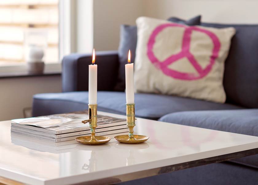Table with lighted candles. Table with lighted candles.
