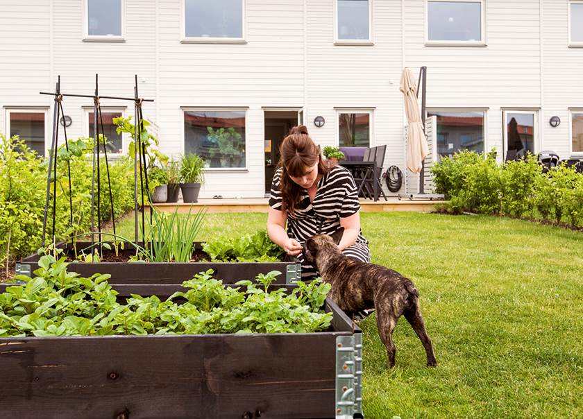 Woman with her dog in garden to her home.