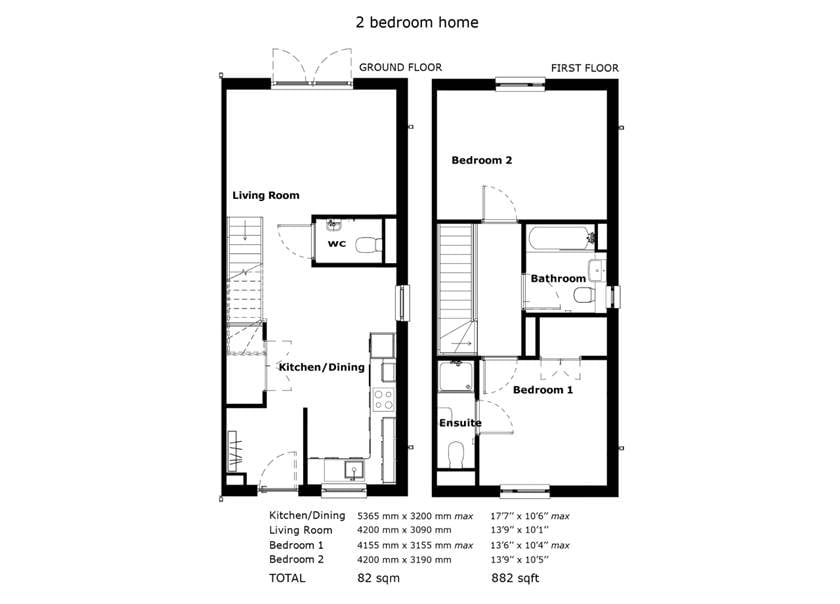 Floorplan of a 2-bedroom BoKlok house