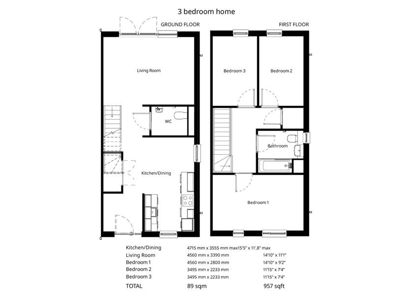 Floorplan of a BoKlok three-bedroom house