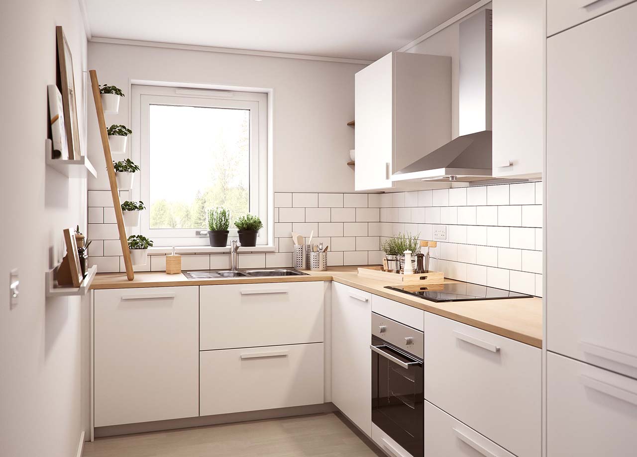 Kitchen with white kitchen cabinets in BoKlok 2 bed apartment type B.