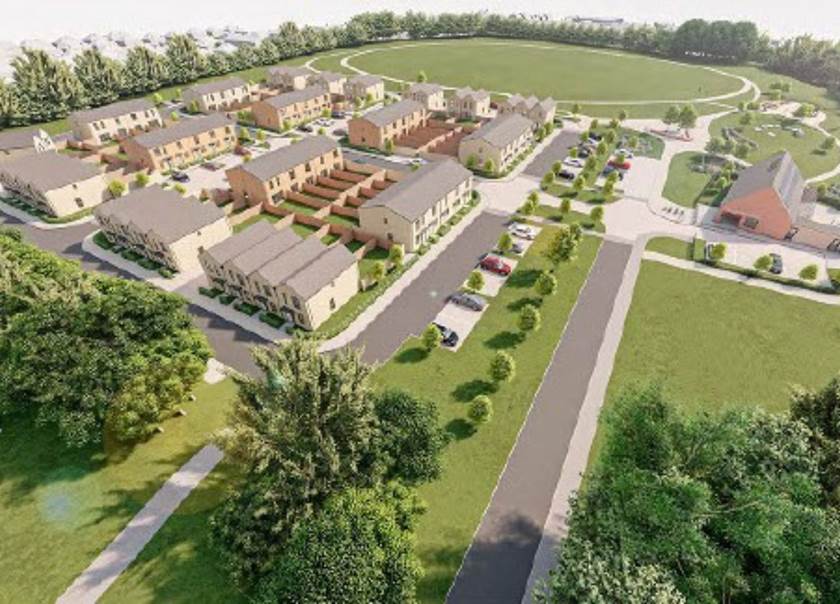 Birds eye view CGI street scene of proposed new homes in Winklebury
