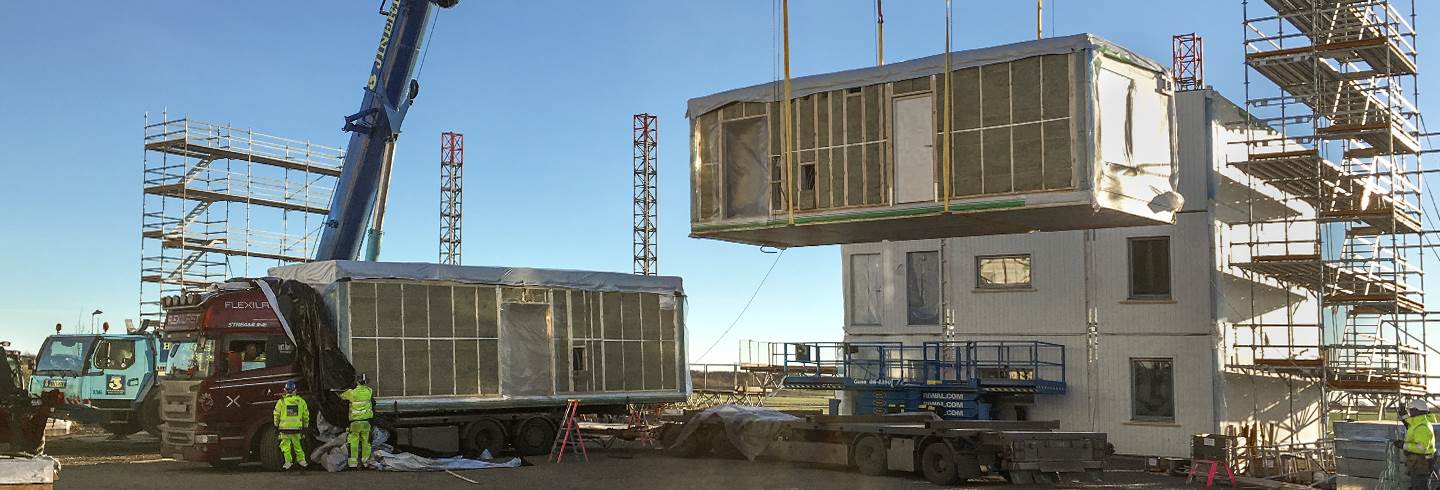 house module is lifted into place at the BoKlok construction site