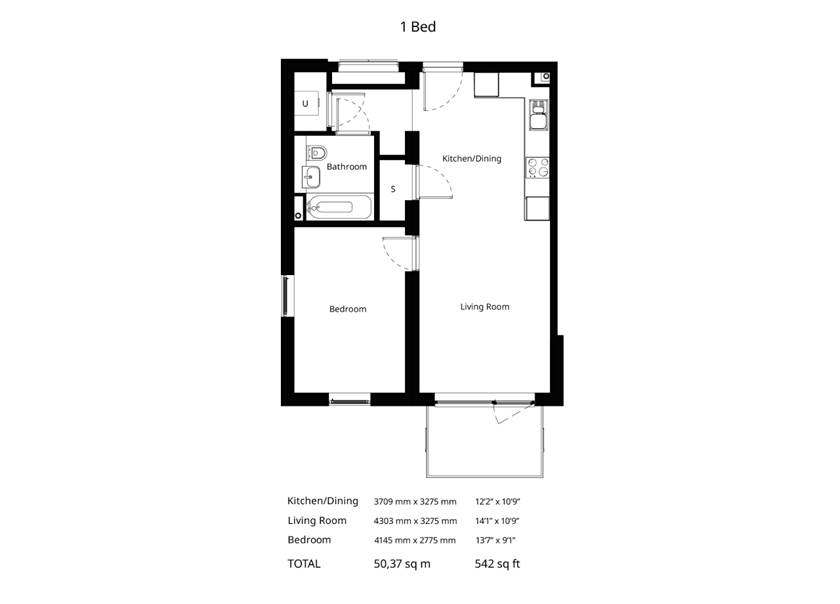 Floor plan of the boklok one bedroom apartment