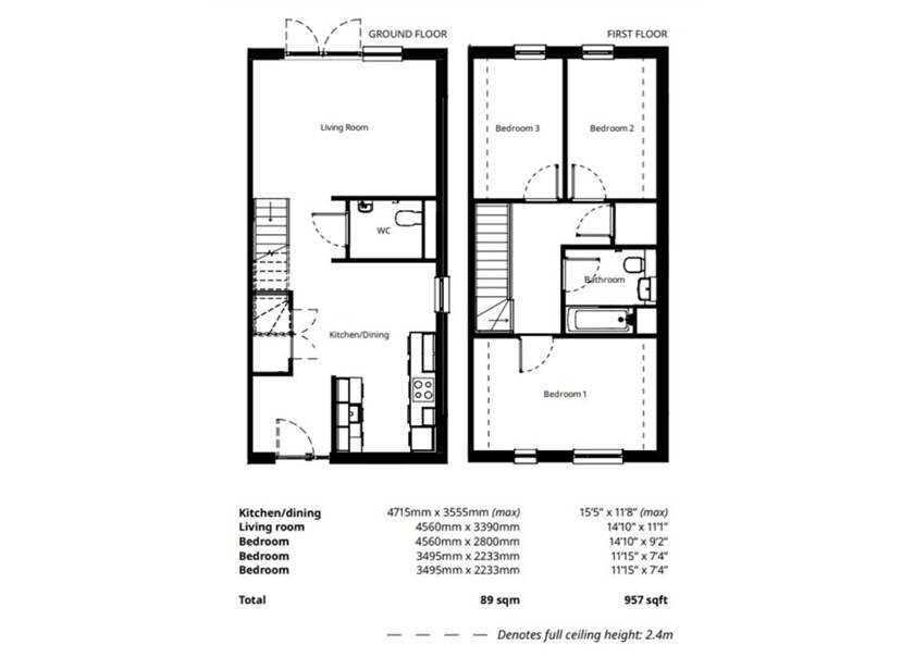 Floorplan of a three-bedroom BoKlok house - type A