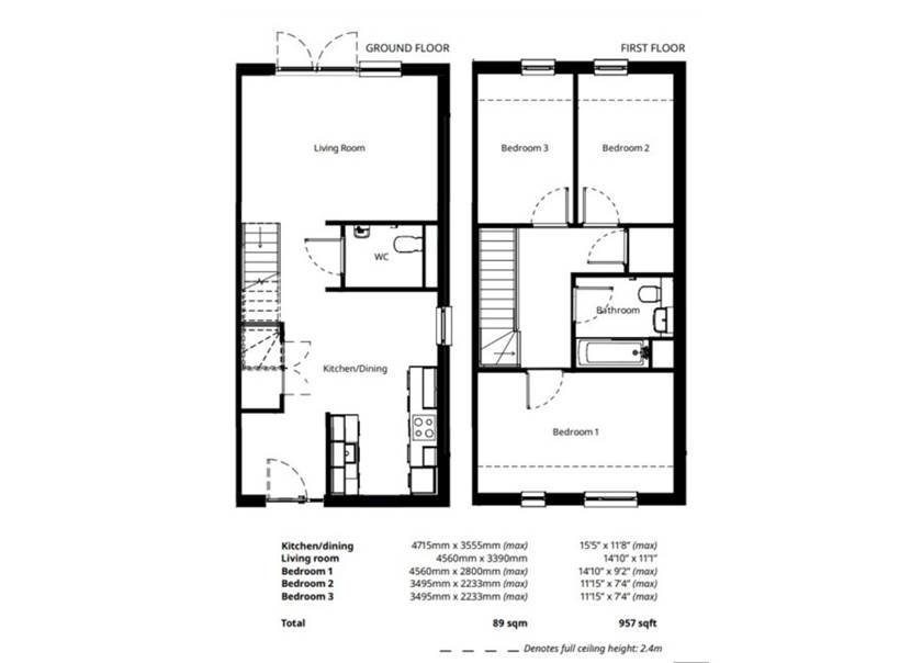 Floorplan of a three-bedroom BoKlok house - type B