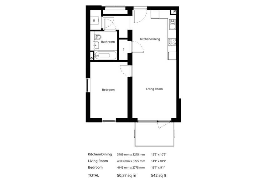 Floorplan of a one-bedorom BoKlok apartment