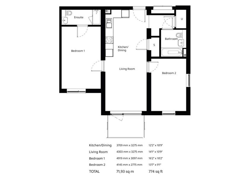 Floorplan of a two bedroom BoKlok apartment - type A