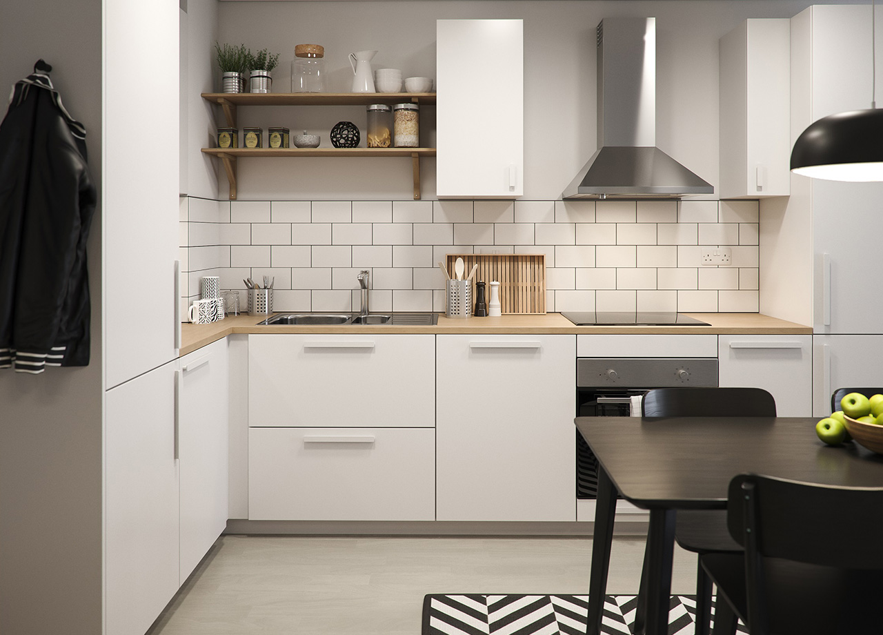 the kitchen in a BoKlok one bedroom apartment