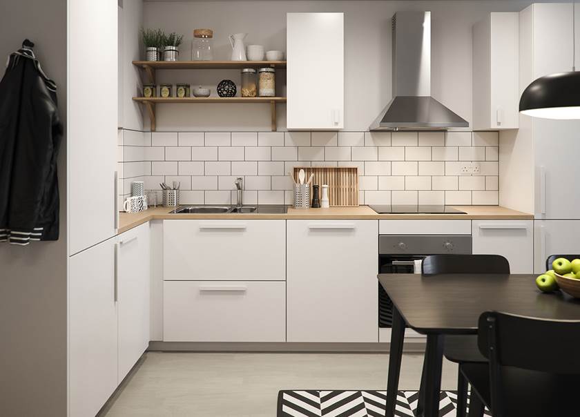 BoKlok apartment kitchen dining area